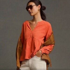 Anthropologie Coral Peplum Long-Sleeve Blouse